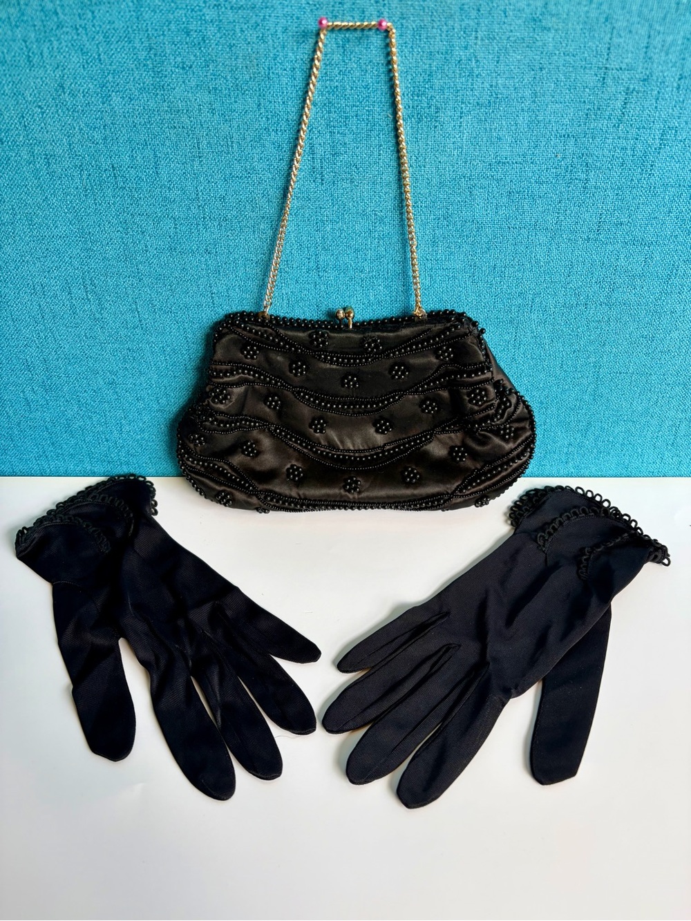 Elegant Black Beaded Evening Clutch with Evening Gloves